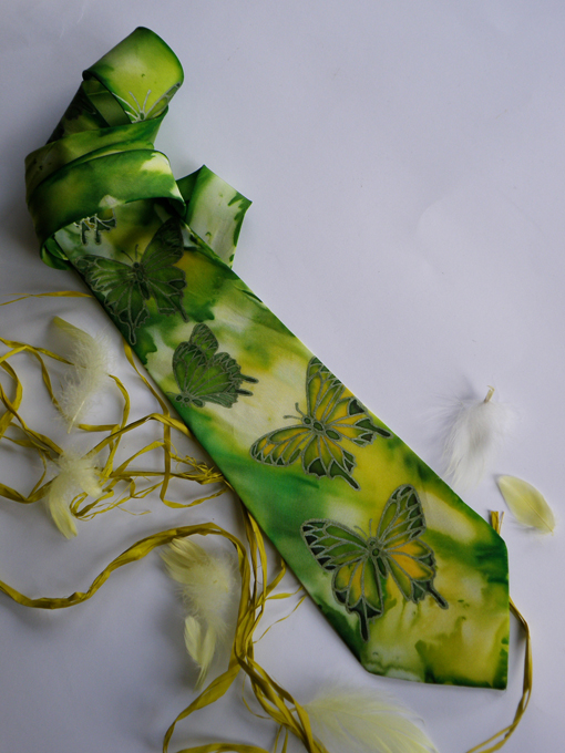 Hand painted silk necktie Green Butterflies